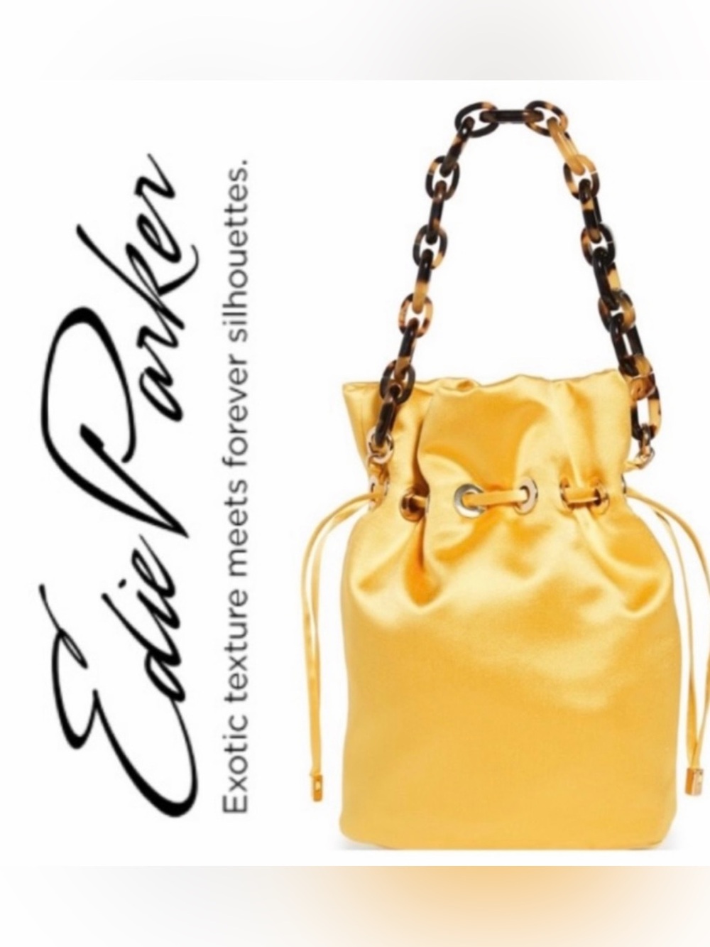 Edie Parker Golden Yellow Satin Drawstring Shoulder Bag with Tortoiseshell Chain